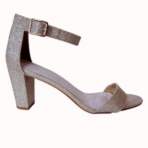 Gold Glitter Block Heel Sandals Size 8 Ankle Strap Open Toe Formal Party Shoes